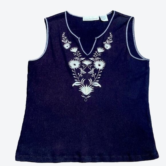 Requirements Tops - Requirements Black Floral Embroidered Cotton Tank Top Sweater Size L